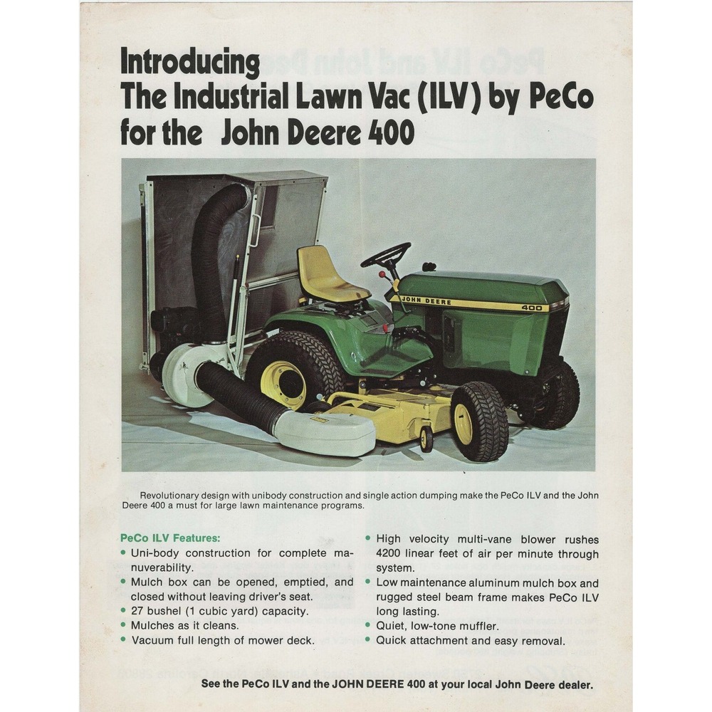 Vintage PeCo Industrial Lawn Vac ILV John Deere 400 Tractor Ad Flyer VG